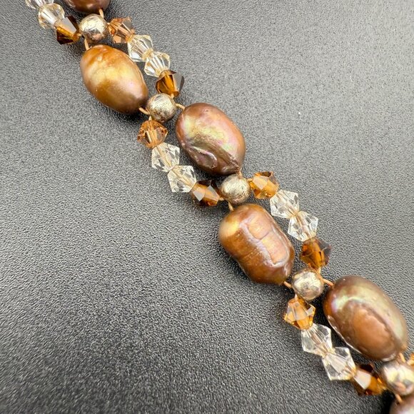 Freshwater Pearl & Crystal Double-Strand Toggle Bracelet With Metallic & Amber T - Picture 3 of 7